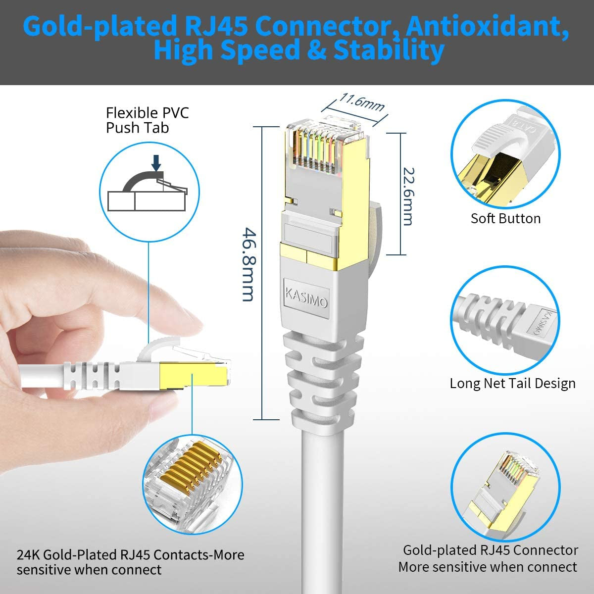 CAT 8 Ethernet Cable 3 FT, Cat8 Internet Cable 40Gbps with RJ45 Gold Plated Connector SFTP, High Speed Gaming LAN Patch Cable, Compatible with Cat5/Cat6/Cat7, White (White, 3FT 1 Pack)